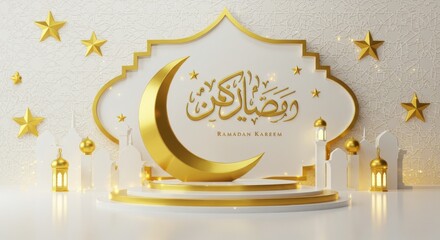 Ramadan Mubarak card with golden crescent moon on detailed 3d render