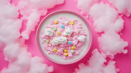Fototapeta premium A colorful dessert bowl with pink whipped cream and pastel candies, surrounded by fluffy cotton-like clouds against a bright pink background.
