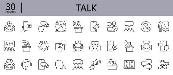 Talk line icons set with Meeting, Message, Phone, Bubbles, Conversation, Conference, Chat, Management and more. Editable Stroke