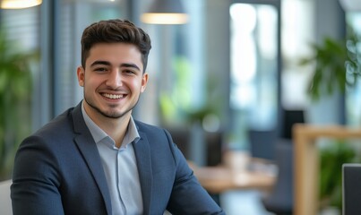 Fototapeta premium Smiling young professional in modern office environment, showcasing confidence and approachability, dressed in smart casual attire, with greenery in background