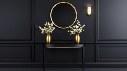 A grand entrance hall with dark walls, a black console table