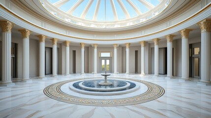 A grand Roman atrium with marble columns, mosaic floors, a central water fountain