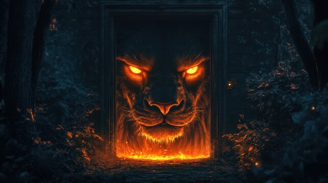 Fiery Lion Emerging From Dark Forest Doorway