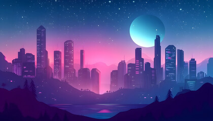 Fototapeta premium Futuristic Cityscape at Night Under a Large Moon