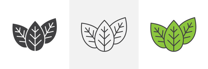 Tobacco leaves icons in black and colored versions