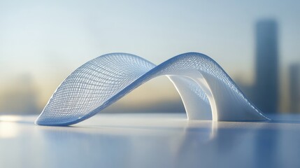 A translucent white mesh structure arches gracefully against a blurred cityscape backdrop. Ideal for showcasing futuristic architecture or innovative material design.