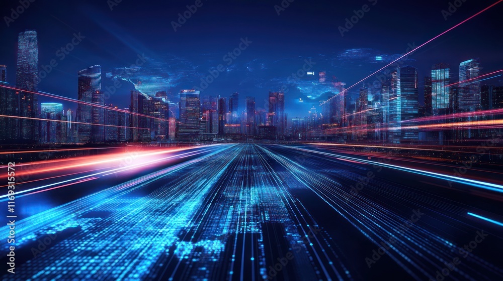 Aufkleber A futuristic cityscape with vibrant lights and digital patterns representing technology and speed.