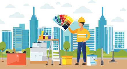 A construction worker is holding a vibrant color palette in front of a stunning city skyline filled with highrise buildings and skyscrapers