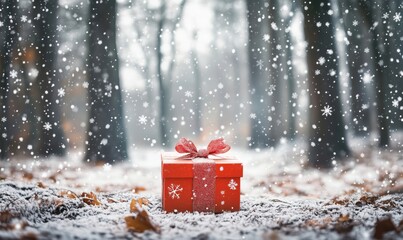 Christmas gift box in snowy forest, surrounded by falling snowflakes, winter wonderland atmosphere, festive holiday spirit
