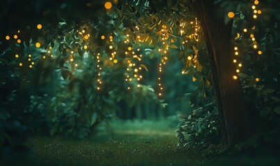 Magical forest scene with glowing fairy lights hanging from lush green trees, creating an enchanting atmosphere in nature