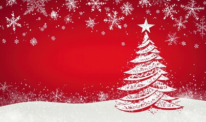 Christmas tree with snowflakes on red background, festive holiday decoration, winter wonderland theme, sparkling snow, seasonal celebration