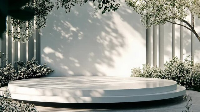 Outdoor stage surrounded by lush greenery with natural light creating a serene atmosphere