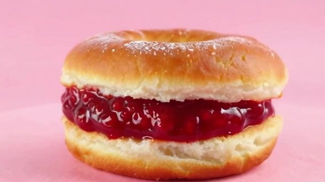 Berry jam erupts from cronut with golden layers and glossy streams against a pastel pink background, complementing vibrant hues
