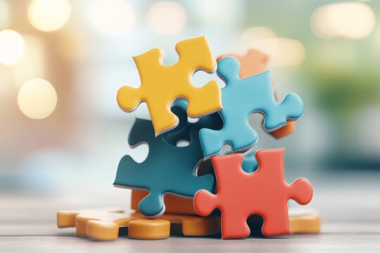 A stack of completed puzzles with business-related themes like finance, growth, and leadership, neatly arranged on a table