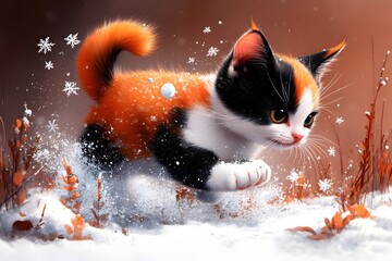 Mischievous calico cat bounding through a enchanting snow dusted landscape chasing after dancing snowflakes with a vibrant well groomed coat playful demeanor and keen predatory focus