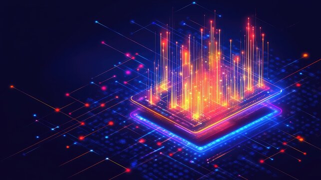 A vibrant illustration of a microchip with glowing lines representing data flow and processing power. Ideal for technology blogs websites or presentations related to computing AI and big data.
