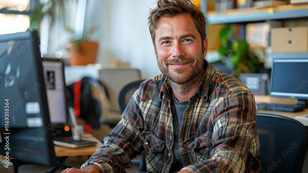 Poster a cheerful man sits at his desk in a vibrant office, surrounded by plants and modern decor. he is en