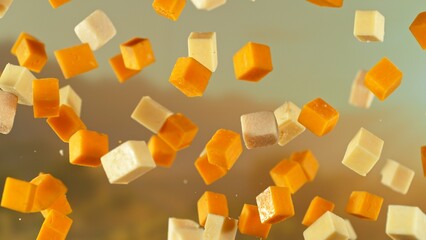 Freeze Motion of Flying Tasty Cheeses , close-up