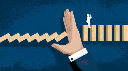 Hand Stopping Domino Effect with Businessman Observing