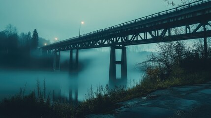Fototapeta premium Mysterious Foggy Scene Under Bridge at Dusk with Reflections