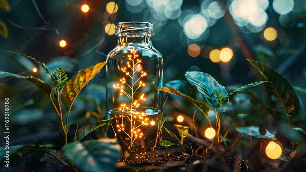 Poster a glass jar filled with glowing lights stands amidst lush green plants in a serene setting during tw