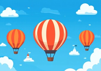 Fototapeta premium Captivating Hot Air Balloons in Clear Blue Sky with White Clouds - Vivid Red and White Stripes - Ideal Scenic View for Travel Adventure Enthusiasts