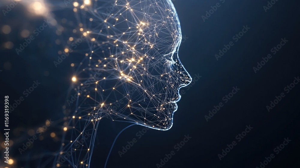 Poster an elegant ai robot in profile features glowing data streams and circuit patterns amidst digital sym