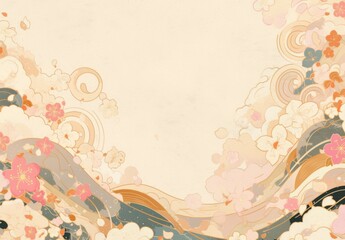 Japanese pattern background with blank area for text, pink and beige color scheme, featuring cherry blossoms and clouds, delicate brush strokes