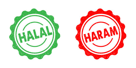 Halal Haram food green red ink rubber stamp seal badge grunge effect tag vignette permited or prohibited food goods products islamic finance business