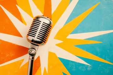 A vintage-style poster of a karaoke night, with bold typography, muted neon colors, and a retro microphone as the focal point