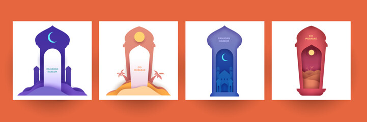 Ramadan kareem islamic beautiful design template. Minimal composition in paper cut style. Set holiday background for branding greeting card, banner, cover, flyer or poster. Vector illustration.