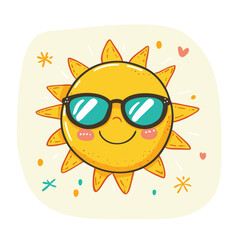 Vintage sun with sunglasses and smiling face.