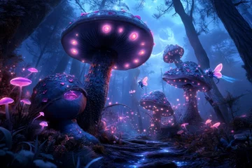A whimsical karaoke scene with magical creatures like fairies and elves singing together under glowing mushrooms in an enchanted forest