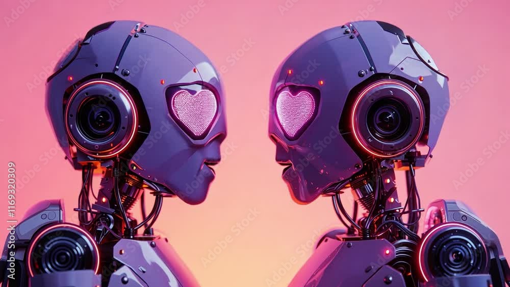 Poster two futuristic robots with heart-shaped lights on their faces are gazing into each other's eyes.