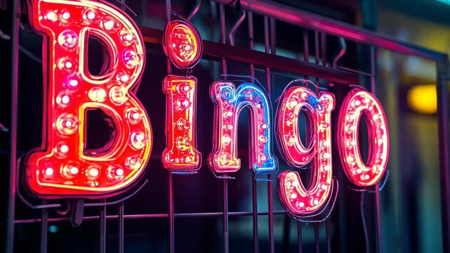 Exciting bingo night with vibrant lights and enthusiastic players at a local community center