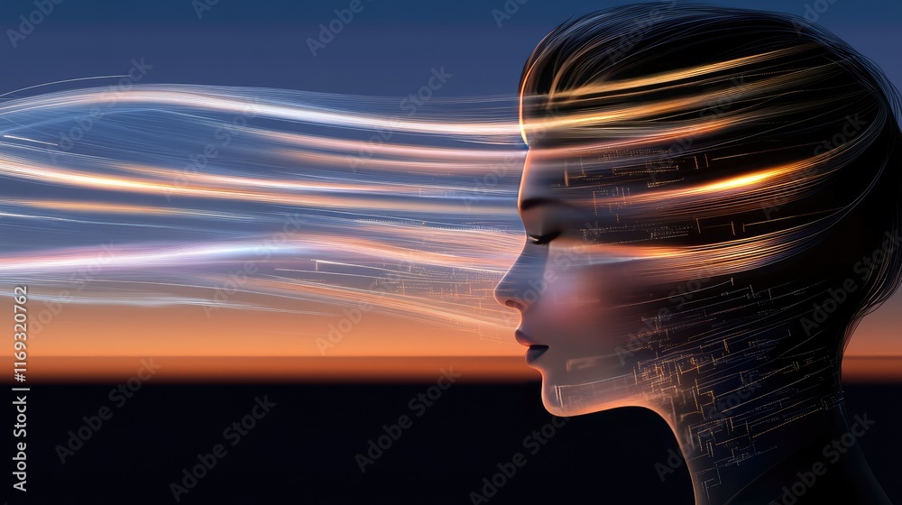 Poster an elegant ai robot in profile features glowing data streams and circuit patterns amidst digital sym