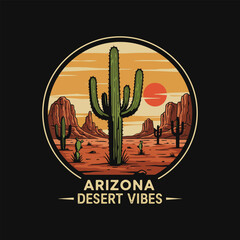 A stylized illustration depicts an Arizona desert sunset scene with a large saguaro cactus and surrounding desert flora. © novianti