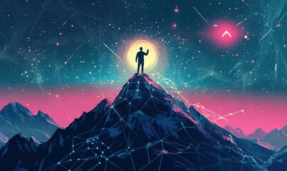 Mountain peak achievement with silhouetted figure celebrating under cosmic sky, vibrant colors, digital connections, and celestial elements