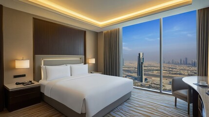 Luxurious Hotel Room with Scenic City View and Modern Decor