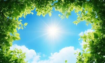 Sunlight streaming through vibrant green leaves against a clear blue sky, creating a serene and refreshing natural frame