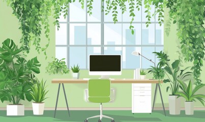 Modern home office with greenery, large window, and stylish desk setup featuring computer, chair, and plants