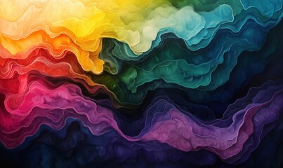 Colorful abstract waves of vibrant hues creating a mesmerizing visual experience with gradients of yellow, red, green, blue, and purple