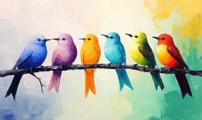 Obraz premium Colorful birds perched on branch, vibrant hues of blue, purple, orange, yellow, green, and red, artistic representation of nature's beauty