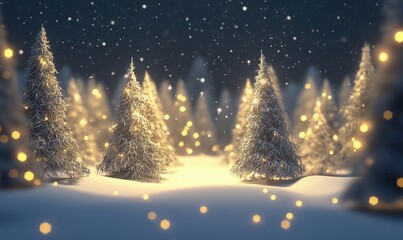 Snowy winter forest with glowing trees and soft snowfall creating a magical atmosphere