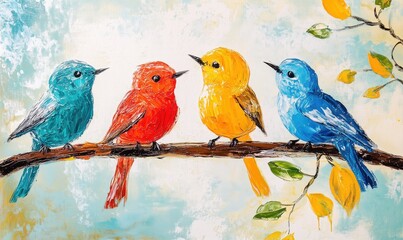 Colorful birds perched on branch, vibrant blue, red, yellow, and turquoise hues, artistic representation of nature, cheerful ambiance