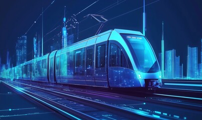 Futuristic digital train on high-tech urban railway, illuminated by neon lights, showcasing advanced technology and smart city infrastructure