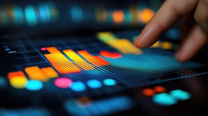 A finger interacts with a vibrant touchscreen displaying dynamic charts and graphs. This image is suitable for finance, technology, and data analysis applications.