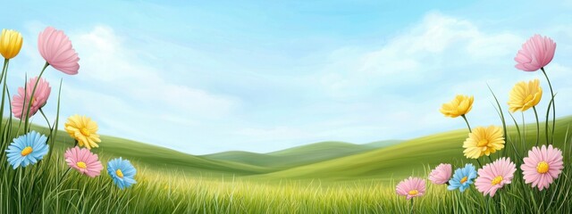 Fototapeta premium A vibrant spring meadow filled with blooming wildflowers in shades of pink, yellow