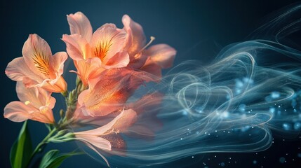 Ethereal floral bouquet swirling with captivating magical energy creating a dreamlike mystical and transcendent atmosphere  The vibrant radiant and glowing petals dance and shimmer