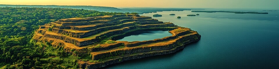 Naklejka premium Dramatic Aerial View of Breathtaking Croatian Coastline with Limestone Terraces Overlooking the Adriatic Sea at Sunset Near Pula for Travel and Nature Lovers